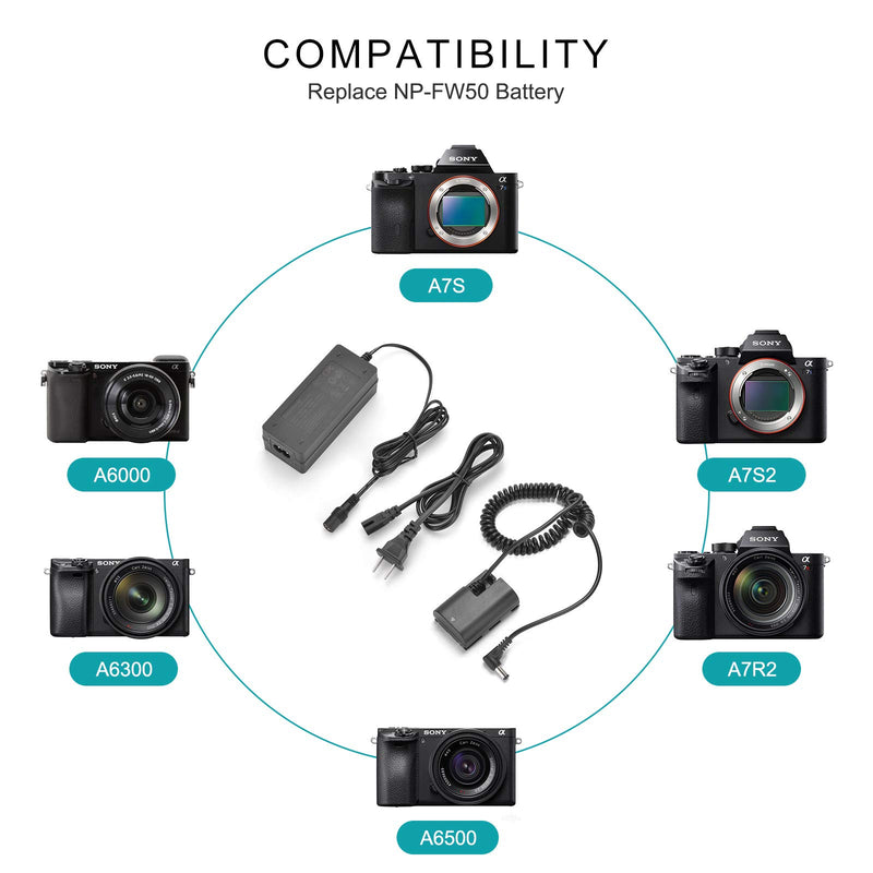 Newmowa NP-FW50 Replacement Dummy Battery AC Power Supply Adapter and DC Coupler Charger Kit for Sony Alpha a7, a7R II, a7m2, a7S II, a5000, a5100, a6000, a6300 Camera