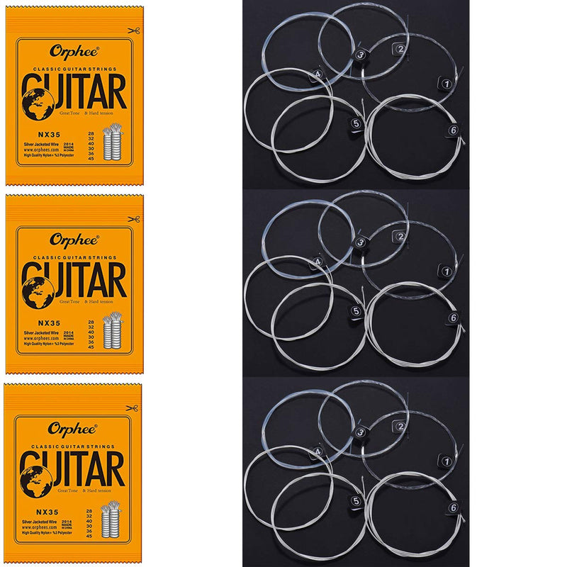 3 Packs Full Set Replacement Orphee NX35 Clear Nylon Silver Plated Classical Guitar Strings Hard Tension (.028-.045)