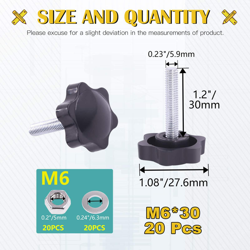 Mardatt 20 Sets M6x30mm Star Knobs Male Thread Clamping Knob Screw Hand Tightening Knob Quick Removal Replacement Parts with 304 Stainless Steel Hex Nuts and Flat Washers M6 x 30mm