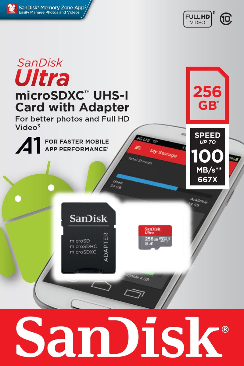 SanDisk 256GB Ultra microSDXC UHS-I Memory Card with Adapter - 100MB/s, C10, U1, Full HD, A1, Micro SD Card - SDSQUAR-256G-GN6MA