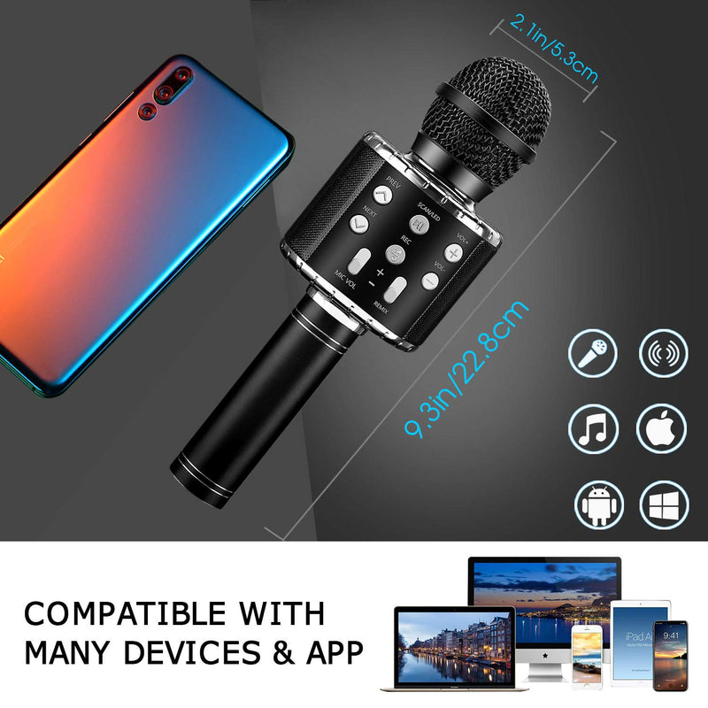 BlueFire Bluetooth 4 in 1 Karaoke Wireless Microphone with LED Lights, Portable Microphone for Kids, Girls, Boys and Adults (Black) black