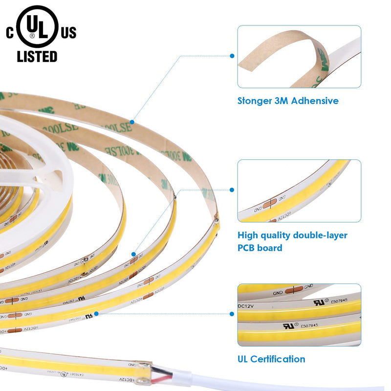 [AUSTRALIA] - White LED Strip Lights COB,PAUTIX UL-Listed Dimmable 4000K Flexible LED Tape Light IP65 Waterproof,9.84ft CRI80+ Lights with RF Remote for Cabinet Bedroom Kitchen Home DIY Decoration 9.84ft/Waterproof 