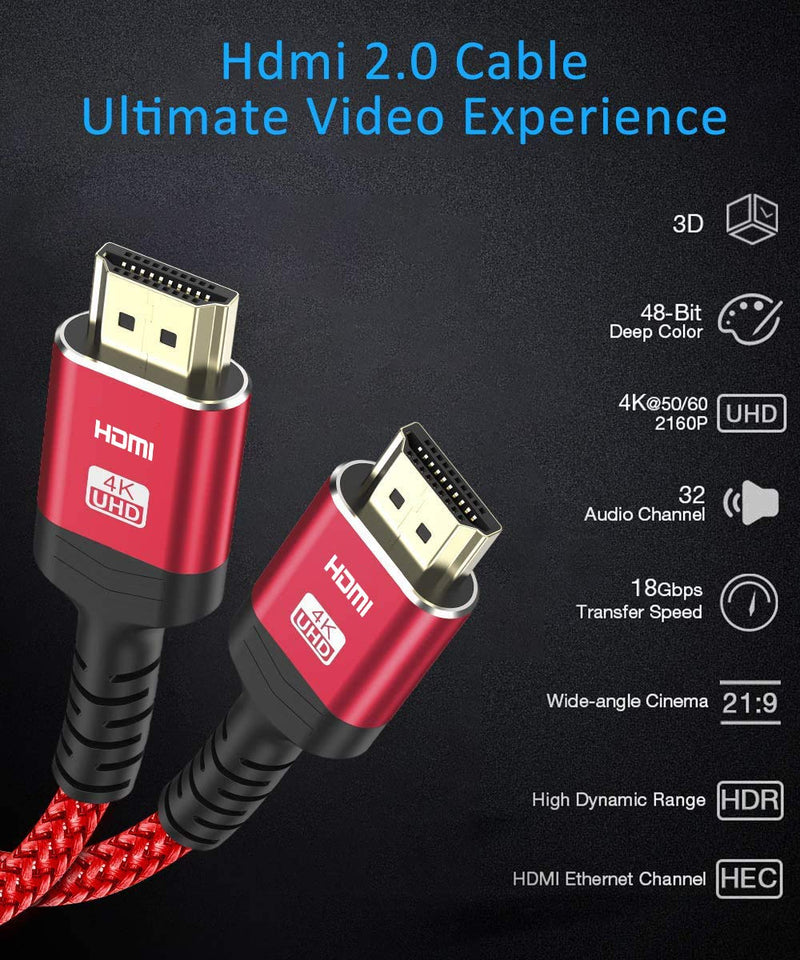 4K HDMI Cable,Highwings 15ft High Speed 18Gbps HDMI 2.0 Braided Cord-Supports (4K 60Hz HDR,Video 4K 2160p 1080p 3D HDCP ARC-Compatible with Ethernet PS4/3 4K Projector Game Monitor ect-Red 15 feet