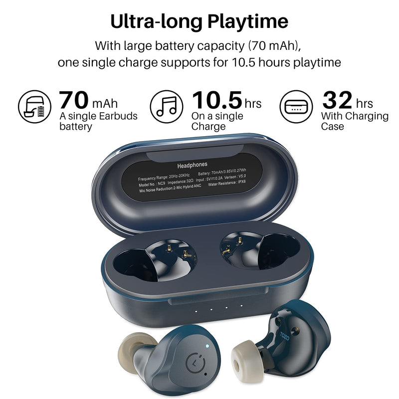 TOZO NC9 Hybrid Active Noise Cancelling Wireless Earbuds, in Ear Headphones IPX6 Waterproof Bluetooth 5.0 Stereo Earphones, Immersive Sound Premium Deep Bass Headset,Blue Blue