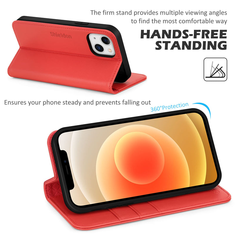 [AUSTRALIA] - SHIELDON Case for iPhone 13, Genuine Leather iPhone 13 Folio Wallet Magnetic Shock Absorbing Case RFID Blocking Credit Card Holder Kickstand Compatible with iPhone 13 5G (6.1-inch) - Red 