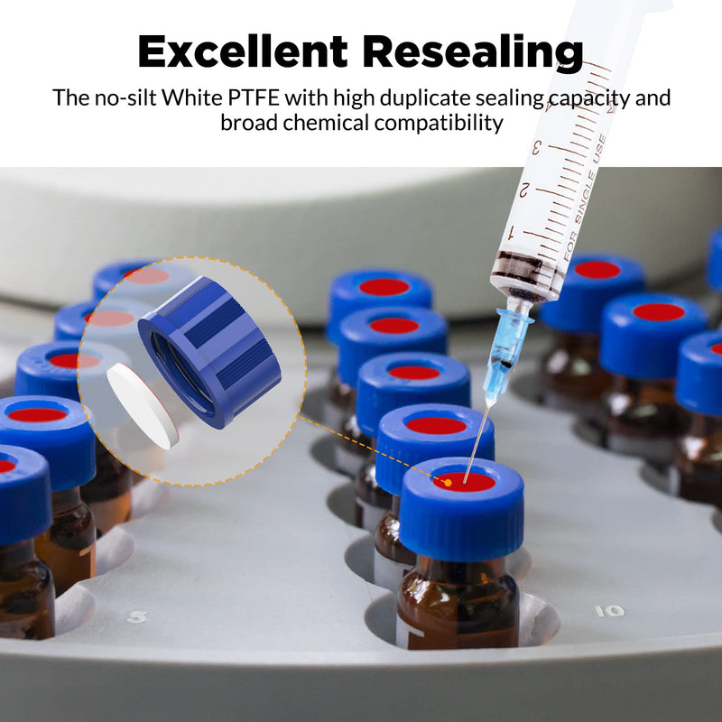 Autosampler Vials, Membrane Solutions 2ml HPLC Vials, 9-425 Lab Amber Vials with Write-on Spot and Graduations, 9mm Blue ABS Screw Caps & Septa for GC Sample Vials, 100 Pcs 100pcs Amber Vial & White PTFE septa