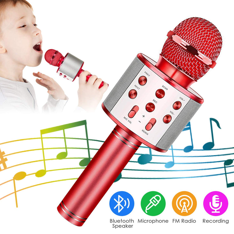 KIDWILL Wireless Bluetooth Karaoke Microphone, 5-in-1 Portable Handheld Karaoke Mic Speaker Player Recorder with Adjustable Remix FM Radio for Kids Adults Birthday Party KTV Christmas (Red) Red