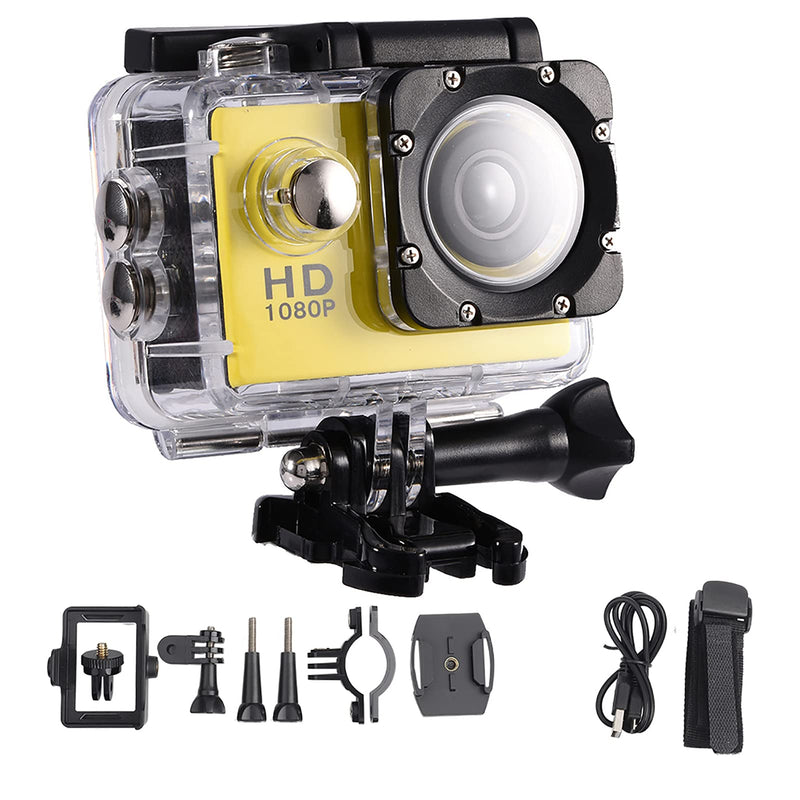 Action Camera 12MP Waterproof 30m Outdoor Sports Video DV Camera 1080P Full HD LCD Mini Camcorder with 900mAh Rechargeable Batteries and Mounting Accessories Kits(Yellow) Yellow