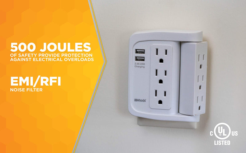 Woods 41424 6 Space Saver Swivel Wall Tap, 3 Rotating Outlets and 2 USB Ports, 500J and 2.4A, White 6 Outlets with 2 USB Ports