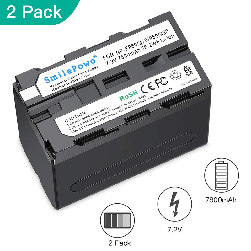 SmilePowo 2 Pack NP-F970 Battery 7800mAh for Sony NP-F975, NP-F960, NP-F950, NP-F930, NP-F770, NP-F750, NP-F550, DCR, DSR, HDR, FDR, HVR, HVL and LED Light