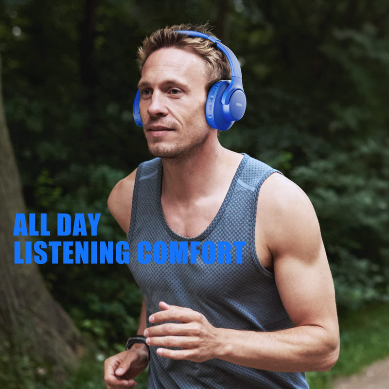 Bluetooth Headphones Over Ear,KVIDIO 55 Hours Playtime Wireless Headphones with Microphone,Foldable Lightweight Headset with Deep Bass,HiFi Stereo Sound for Travel Work Laptop PC Cellphone (Blue) Blue