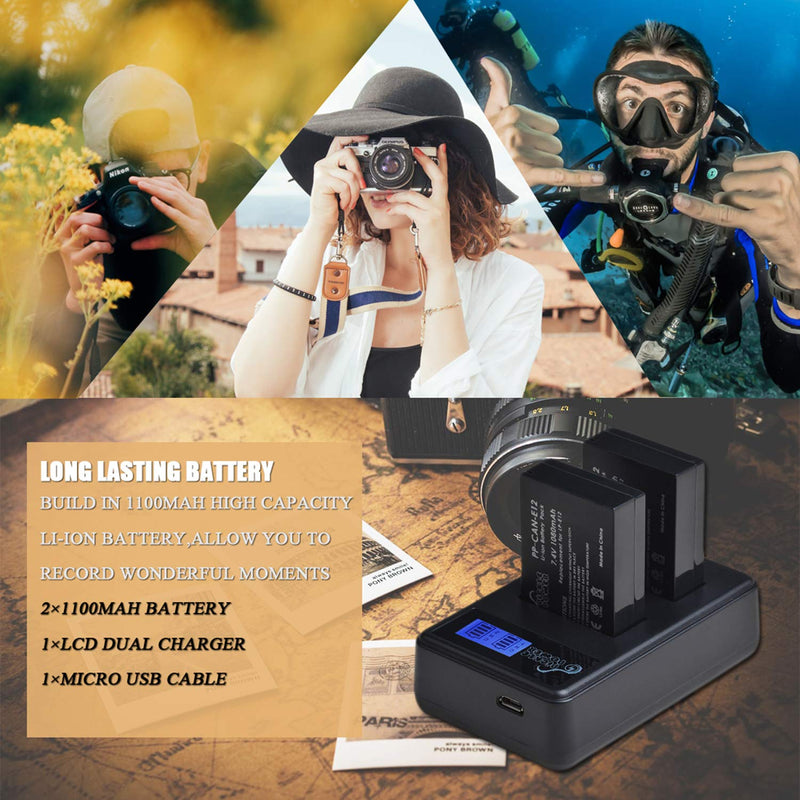 Pickle Power LP-E12 LPE12 LP E12 Battery(2-Pack) and LCD USB Dual Charger Compatible with Canon Rebel SL1 100D, EOS M, EOS M2, EOS M10 EOS M50 SX70 HS Mirrorless Digital Camera 2 battery+LCD dual charger