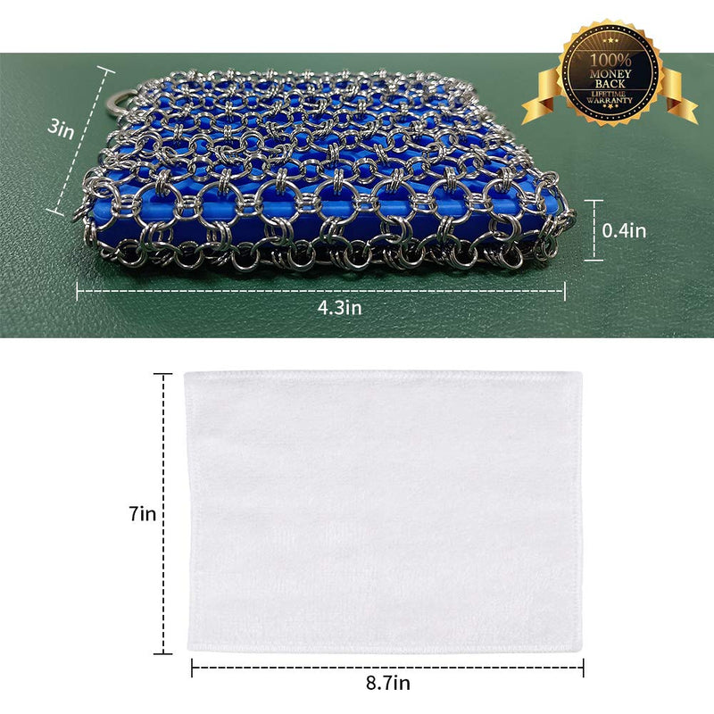 Cast Iron Chainmail Scrubber,Upgraded Iron Skillet Cleaner with Scouring Cloth,316 Stainless Steel Chain Scrub Metal Scraper Clean Care Accessories for Castiron Pan Griddle Frying Pan Wok (Blue) Blue