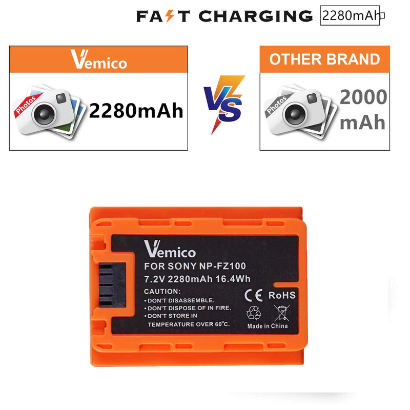 Vemico NP-FZ100 Battery 2280mAh Rechargeable Battery Compatible with A7III/A7R III/A9/Alpha 9/A7R3/A7RIV/A9I/A9R/A9S/A6600 Digital Cameras 1 Battery Only