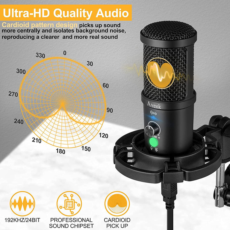 USB Microphone Kit 192KHZ/24BIT, Aveek Podcast PC Microphone with Mute, Headset Monitoring & Noise Cancelling, Cardioid Condenser Mic with Boom Arm for Computer and Phone, YouTube, Gaming, Recording