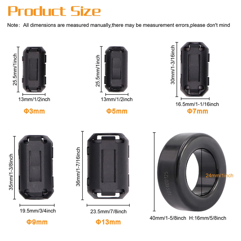 Taigoehua 27 Pieces RFI EMI Noise Suppressor Cable Clip for 3mm/ 5mm/ 7mm/ 9mm/ 13mm Diameter Cable with 40X24X16mm Ferrite Ring Toroid core Iron (Black)