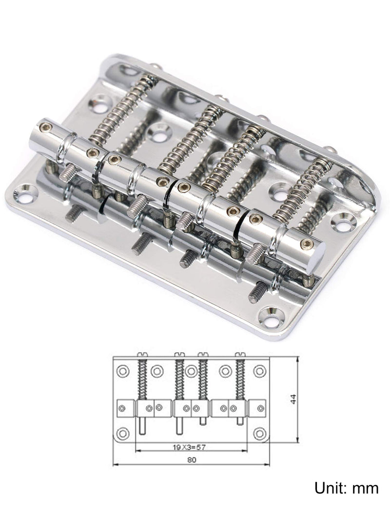 Metallor Hard Tail Fixed Bass Guitar Bridge Compatible with 4 string Jazz Bass or Precision Bass Style Bass Guitar Top Load Chrome.
