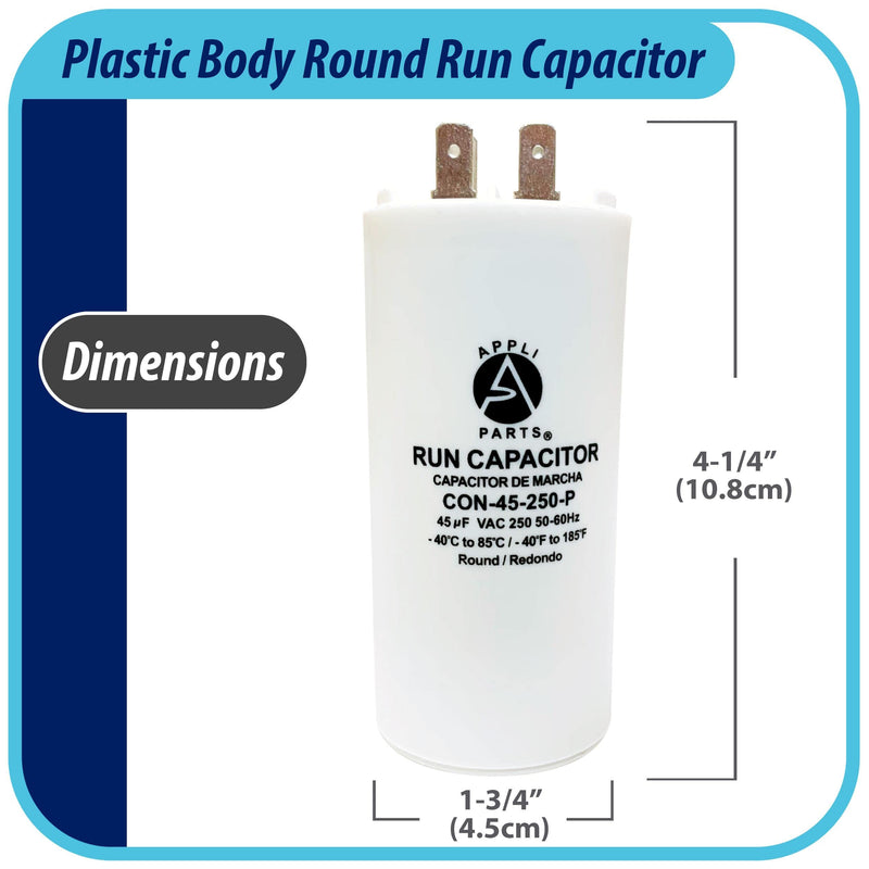 Appli Parts Run Capacitor for electric motors 45 Mfd uF (microfarads) 250VAC Plastic Case with terminals CBB60 Round Universal fit water pumps and others 4-1/4 in High 1-3/4 in Wide CON-45-250-P 45 Mfd 250v