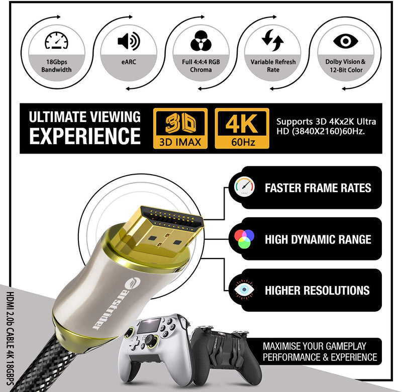 4K HDMI Cable/HDMI Cord 6ft - Ultra HD 4K Ready HDMI 2.0 (4K@60Hz 4:4:4) - High Speed 18Gbps - 28AWG Braided Cord-Ethernet /3D / HDR/ARC/CEC/HDCP 2.2 / CL3 by Farstrider 6 Feet Pearl Nickel