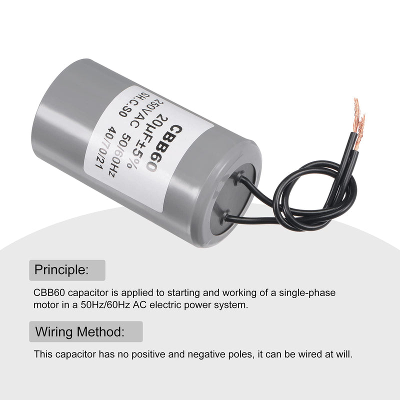 MECCANIXITY CBB60 Run Capacitor 20uF 250V AC 2 Wires 50/60Hz Cylinder 75x40mm for Air Compressor Water Pump Motor