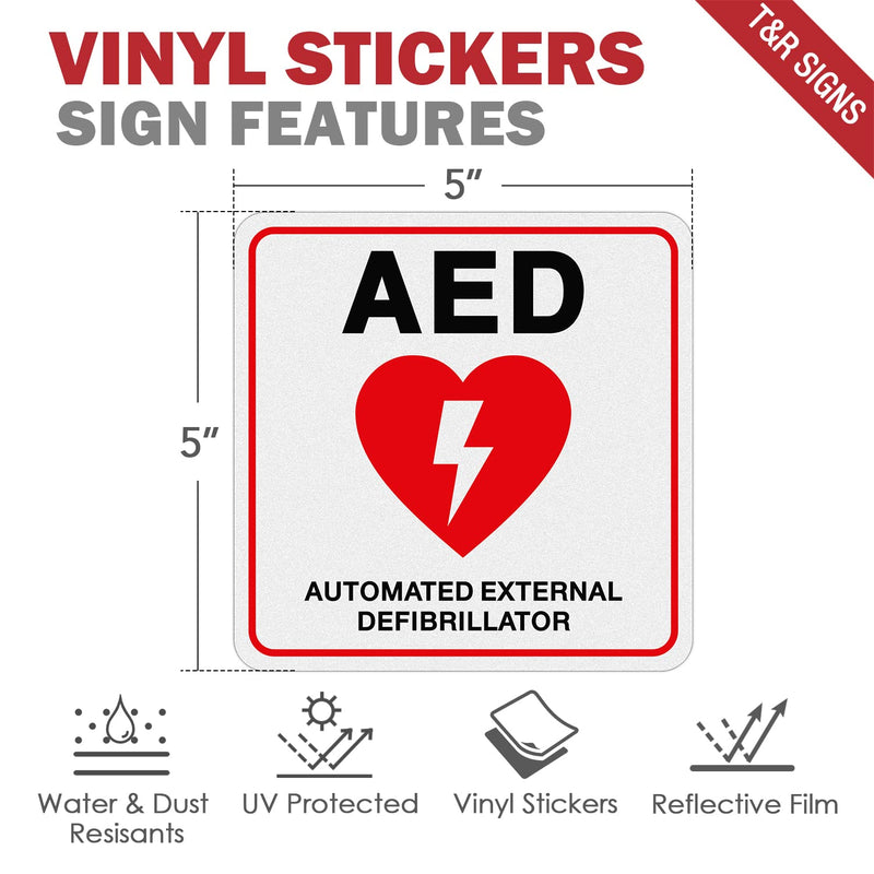 T&R AED Stickers - 10 Pack - 5 x 5 Inches Reflective Label, UV resistant, waterproof, fade and scratch resistant, suitable for indoor and outdoor 5” X 5“ AED Stickers - 10 Pack