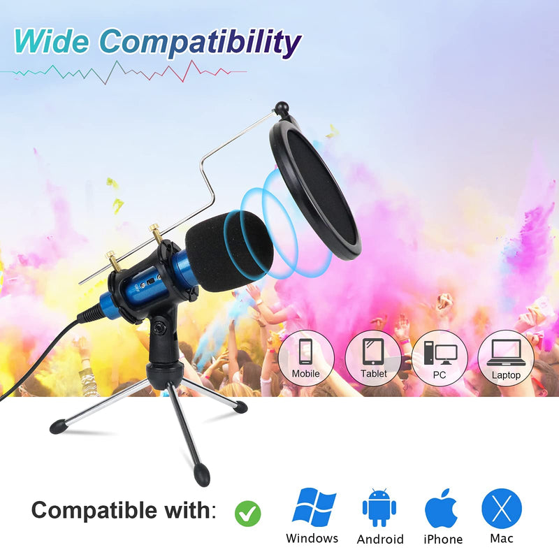 3.5mm Condenser Microphone,MSIZOY Studio Recording Microphone w/Stand for Phone Computer PC MAC Laptop Windows Mini Mic for YouTube Podcast Singing Video Live Stream Conference Facebook Karaoke(Blue) Blue