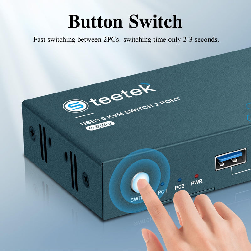 Steetek USB 3.0 KVM Switch 2 Computers 1 Monitor, 4K@60Hz HDMI 2 Port KVM Switch with 3 USB 3.0 Ports, Button Switch, EDID Adaptive,with 2 HDMI 2.0&USB 2.0 Cable USB 3.0*3