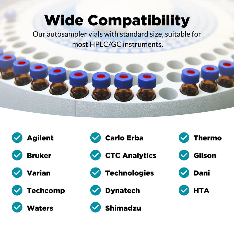 Autosampler Vials, Membrane Solutions 2ml HPLC Vials, 9-425 Lab Amber Vials with Write-on Spot and Graduations, 9mm Blue ABS Screw Caps & Septa for GC Sample Vials, 100 Pcs 100pcs Amber Vial & White PTFE septa