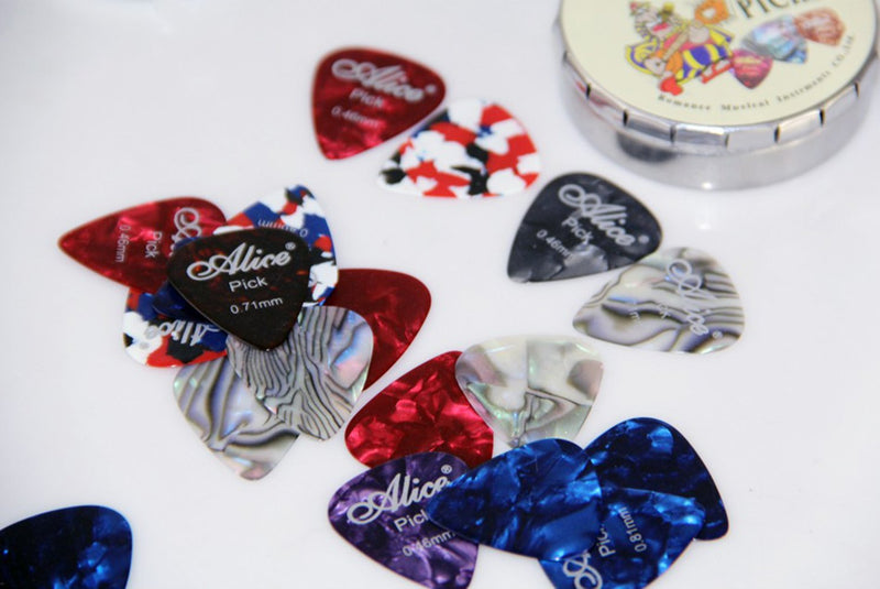 Alice 12pcs Celluloid Plectrums Acoustic Electric Guitar Colorful Picks 0.46mm/0.71mm/0.81mm in 1 Round Metal Picks Box