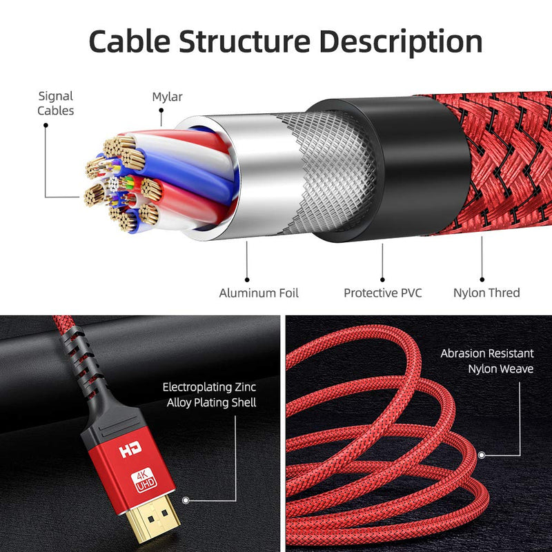 4K HDMI Cable 3 ft | High Speed, 4K @ 60Hz, Ultra HD, 2K, 1080P & ARC Compatible | for Laptop, Monitor, PS5, PS4, Xbox One, Fire TV, Apple TV & More（Red） 3FT Red