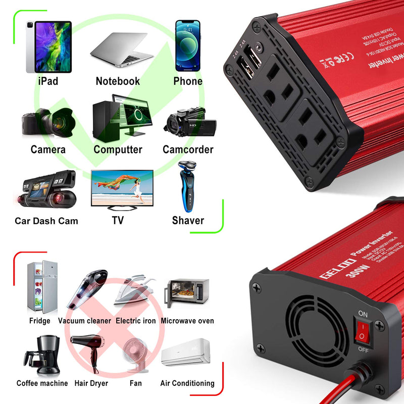 Upgraded 300W Power Inverter, DC 12V to 110V AC Car Power Converter with 4.8A Dual USB Ports Car Charger Adapter (Red) Red