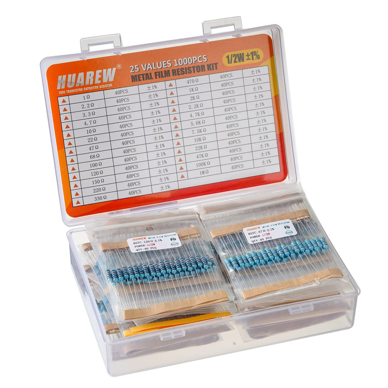 HUAREW 25 Values Single Resistor Kit with 1000 Pcs 1 Ohm-1M Ohm 1/2 W 1% Metal Film Resistors Assortment Kit for DIY Projects and Experiments