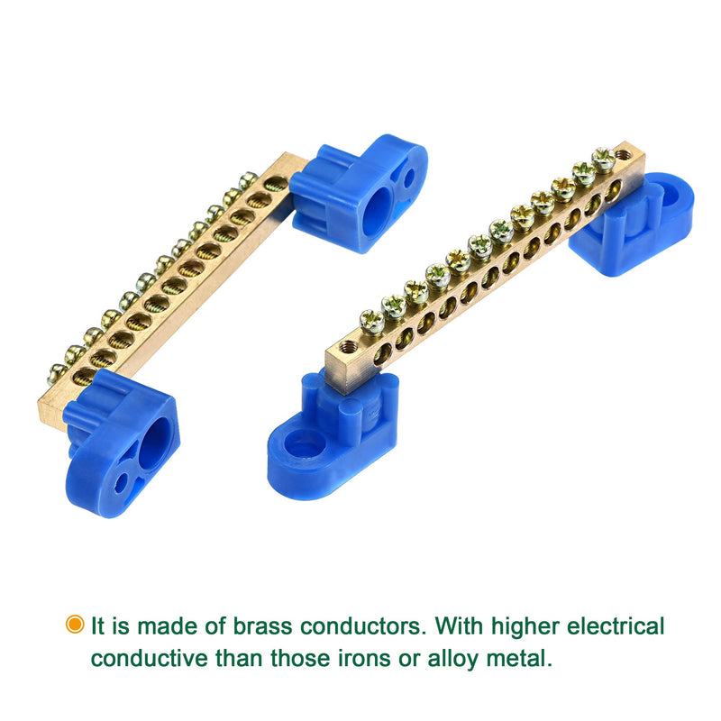 MECCANIXITY Terminal Ground Bar Screw Block Barrier Brass 12 Positions Blue for Electrical Distribution 4 Pcs