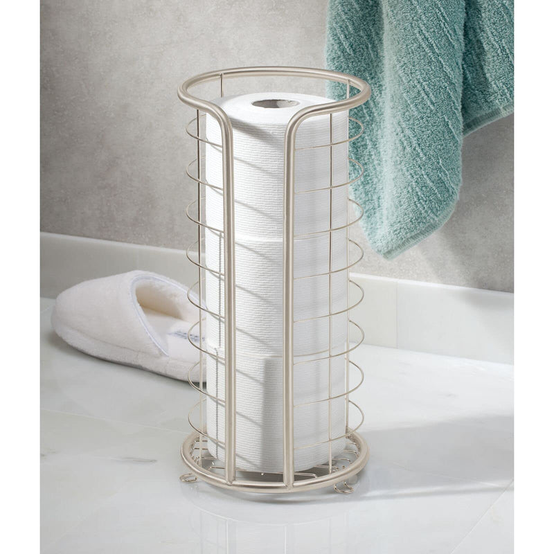 mDesign Metal Free Standing Toilet Paper Organizer Stand, 3 Rolls of Jumbo Toilet Tissue Storage, Bathroom Decor Accessory for Under Sink, Vanity, and Inside Cabinet Shelf, Omni Collection, Satin