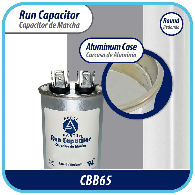 Appli Parts Run Capacitor for ac 10 Mfd uF (microfarads) 370 VAC or 450 VAC CBB65 Round Universal fit for hvac and other applications 3 in High 1-1/2 in Wide CON-10-450