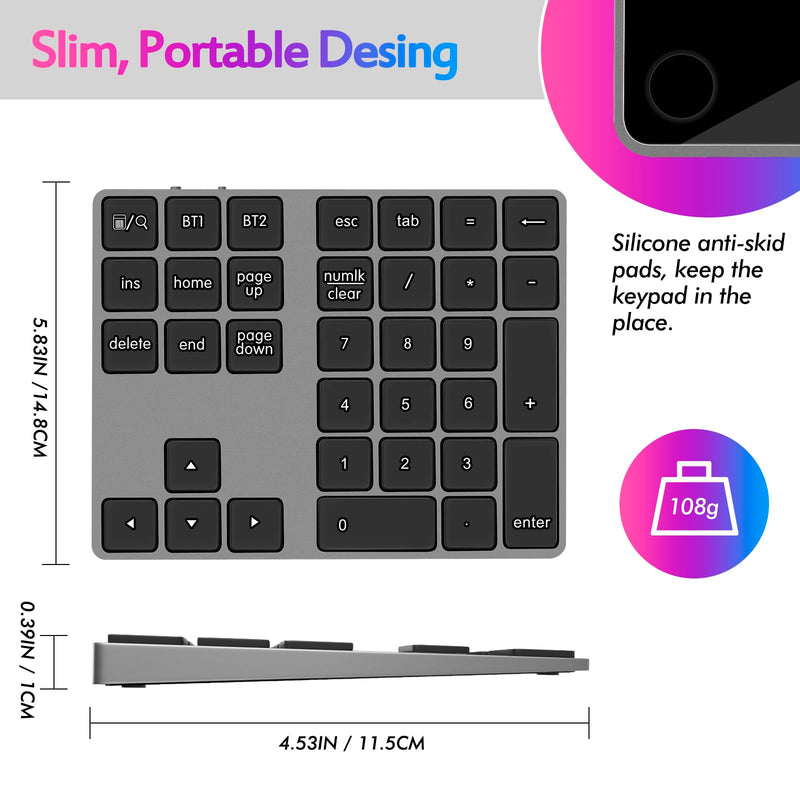 Foloda Bluetooth Number Pad: Wireless BT Numeric Keypad, Multi-Devices Rechargeable USB C Numpad, 34 Keys Financial Accounting Extensions Data Entry Keyboard for Laptop, PC, iMac, MacBook, Notebook