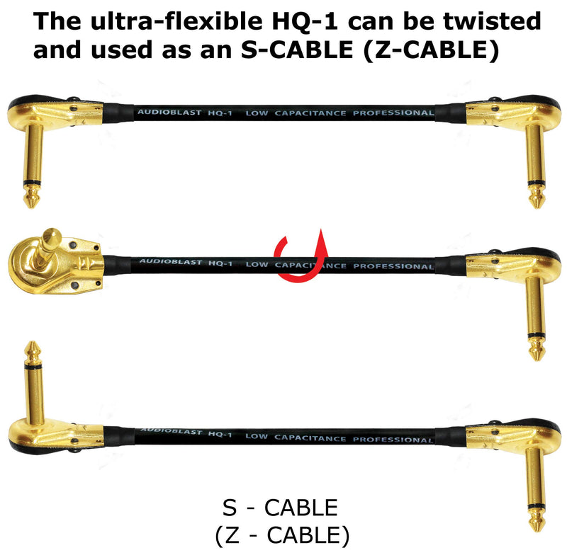 6 Units - 10 Inch - Audioblast HQ-1 - Ultra Flexible - Dual Shielded (100%) - Instrument Effects Pedal Patch Cable w/Low-Profile, R/A Gold Pancake TS (6.35mm) Plugs & Dual Staggered Boots