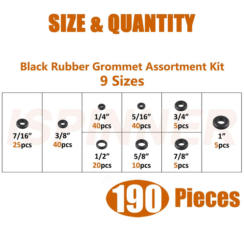 ISPINNER 190pcs Rubber Grommet Assortment Kit, 9 Sizes Eyelet Ring Gasket 1/4" 5/16" 3/8" 7/16" 1/2" 5/8" 3/4" 7/8" 1" (Black) Black