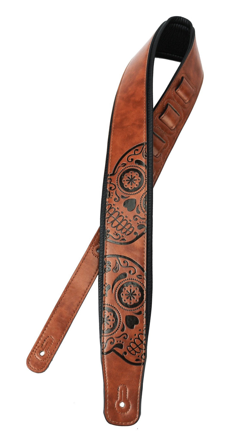 Walker & Williams GM-1277 Chestnut Brown Padded Guitar Strap with Embossed Skulls