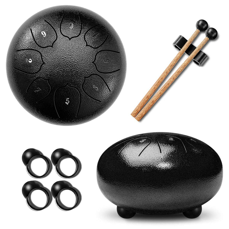 Steel Tongue Drum, Beidi 8 Notes 6 Inches Chakra Tank Drum Steel Percussion Padded with Travel Bag, Music Book, Mallets, Finger Picks (Black) Black