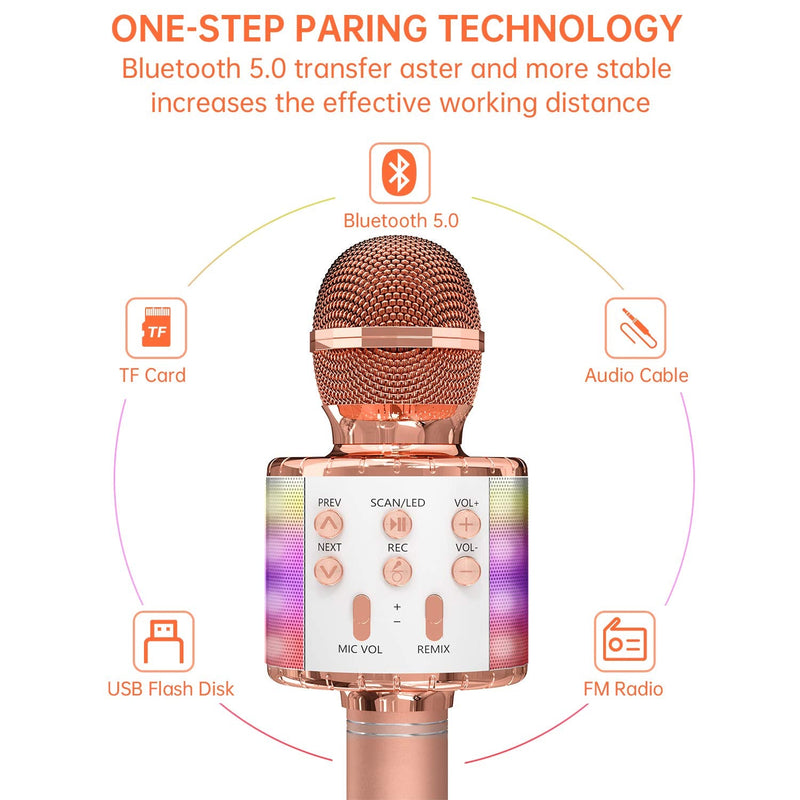 OVELLIC Karaoke Microphone for Kids, Wireless Bluetooth Karaoke Microphone with LED Lights, Portable Handheld Mic Speaker Machine, Great Gifts Toys for Girls Boys Adults All Age (Rose Gold) Rose Gold