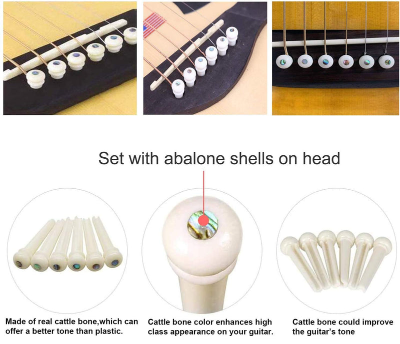 Guitar Pure Bone Bridge Pins with Abalone Dot Inlay for Six String Acoustic Guitar and 1pcs Guitar Bridge Pin Puller(6 Pcs)