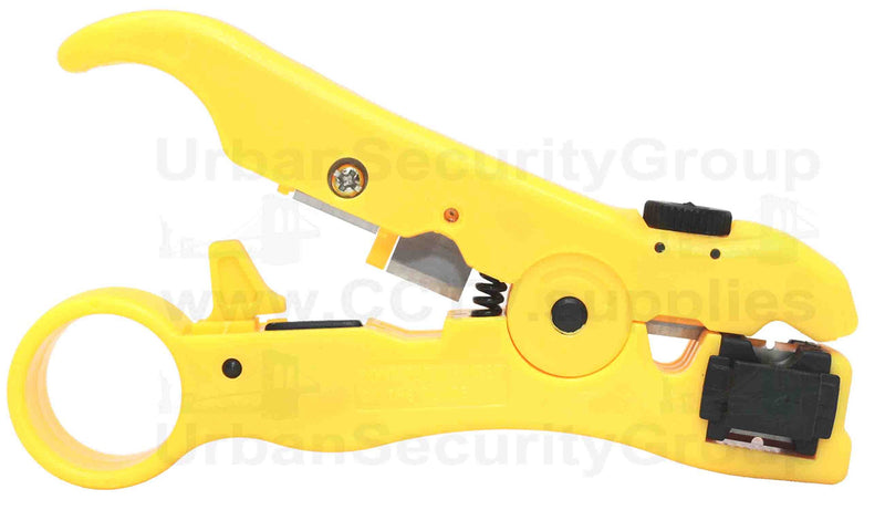 Urban Security Group Cable Stripper : Coaxial RG59, RG6, RG7, RG11 : Network Cat5e, Cat6, UTP, STP : Round & Flat Cable : Comfortable Grip : High Grade Steel + Plastic Construction : Premium Pro Grade