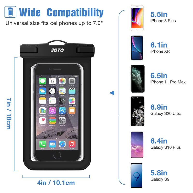 JOTO Universal Waterproof Phone Pouch Cellphone Dry Bag Case Compatible with iPhone 13 12 11 Pro Max Mini Xs XR X 8 7 6S Plus SE, Galaxy S21 S20 S10 Plus Note 10+ 9, Pixel 4 XL up to 7" -Black Black