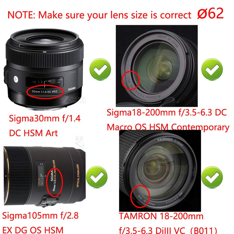 Camera Lens Cap (62mm) fit for TAMRON 18-200mm, for NIKKOR 60mm 105mm f/2.8G, for Sony CX900E AX100E w/ E18-200LEII E10-18 Lens (3 Pack)