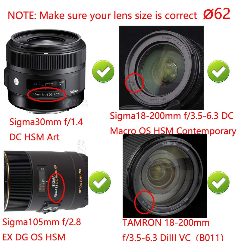 18-200mm Lens Cap (62mm) fit for TAMRON 18-200mm, Micro-NIKKOR 60mm 105mm f/2.8G for Sony CX900E AX100E w/ E18-200LEII E10-18 Lens (3 Pack)