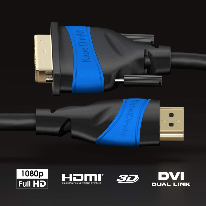 KabelDirekt – HDMI-DVI adapter cable – 3ft (bi-directional, DVI-D 24+1/High Speed HDMI cable, 1080p/Full HD, digital video cable, connect HDMI devices to DVI monitors or vice-versa, black) 3 feet