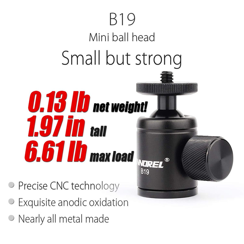 Mini Tripod Ball Head-INNOREL B19 Mount Head-Metal Ballhead 360° Pan 90° Tilt Tripods Mount with 3/8" to 1/4" Adapter CNC Ballheads,Max Load 6.61 lb for Phone/DLSR Camera/Mini Holder (1 Piece) 1 piece