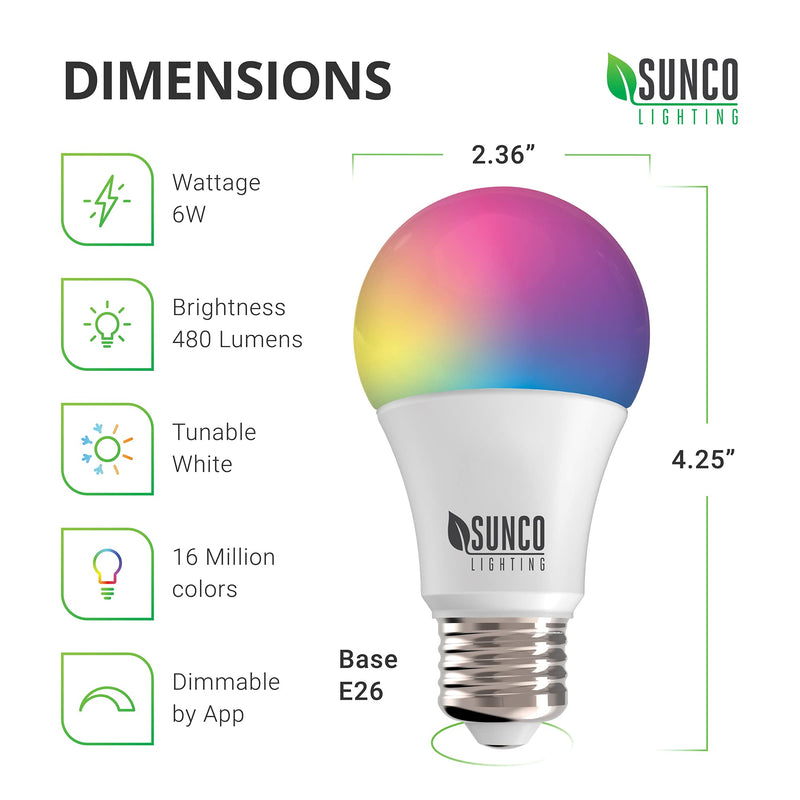 Sunco Lighting 4 Pack WiFi LED Smart Bulb, A19, 6W, Color Changing (RGB & CCT), Dimmable, 480 LM, Compatible with Amazon Alexa & Google Assistant - No Hub Required