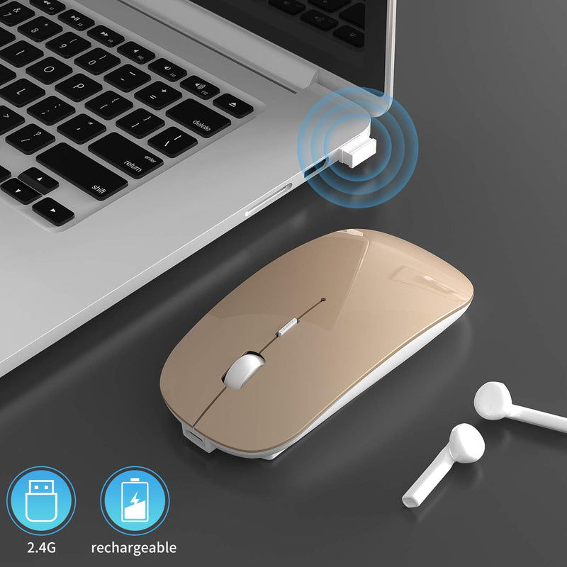 Wireless Mouse,Slim Wireless Portable Mobile Mouse,2.4G Noiseless Mouse with USB Nano Receiver,Rechargeable Wireless Mouse for MacBook,Laptop,PC,Computer,Notebook (Gold) Gold